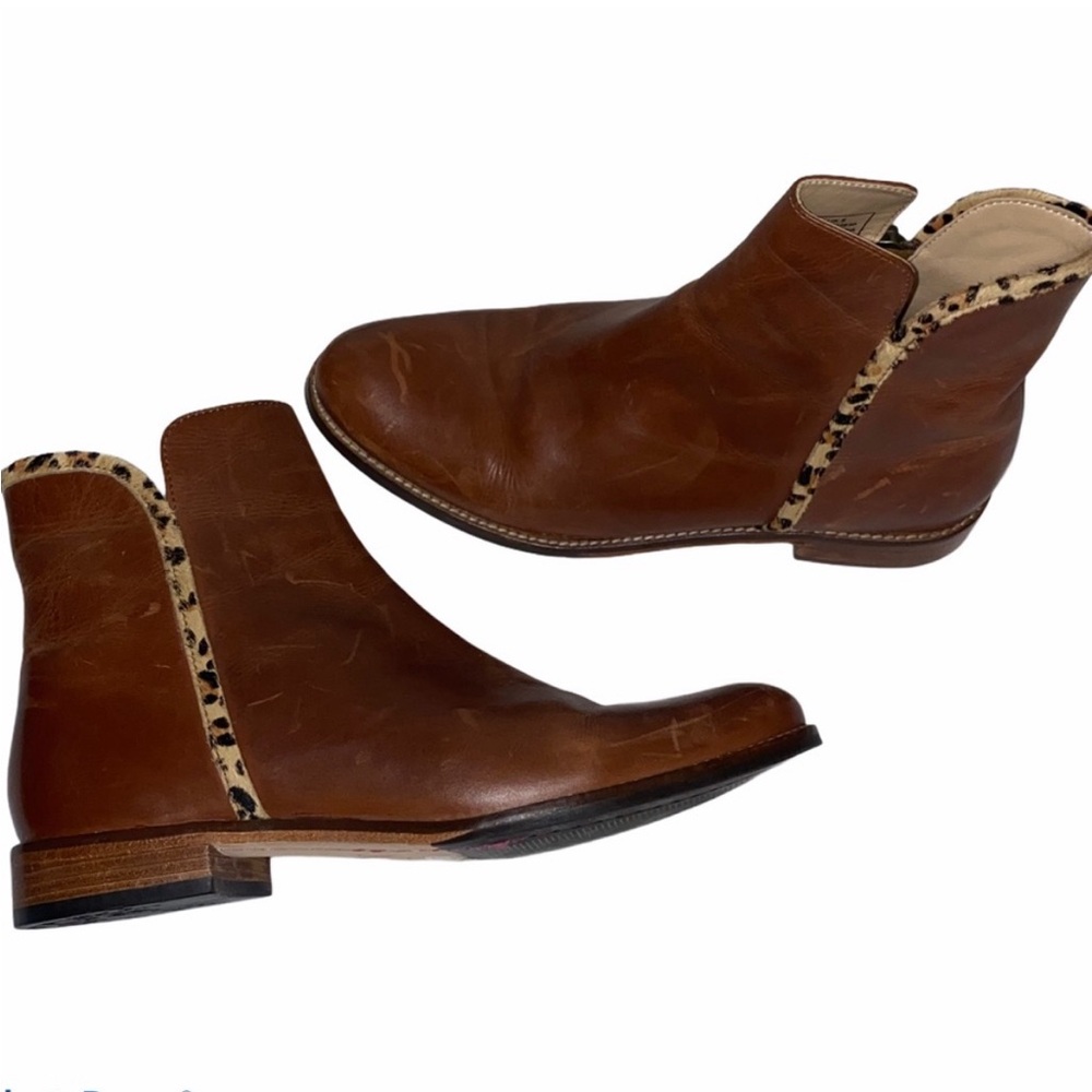 Joules cognac Brown Leather Ankle Boots leopard detail